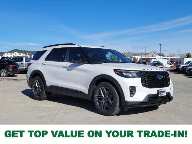 2026 Ford Explorer ST in Star White Metallic Tri-Coat — front three-quarter view